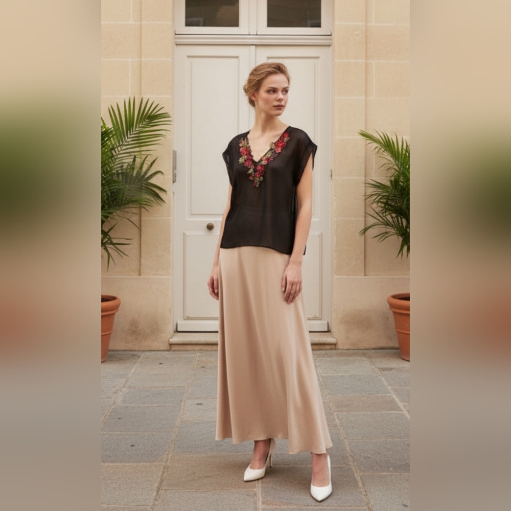 KAREN MILLEN - Black Sheer Top with Floral Embroidery